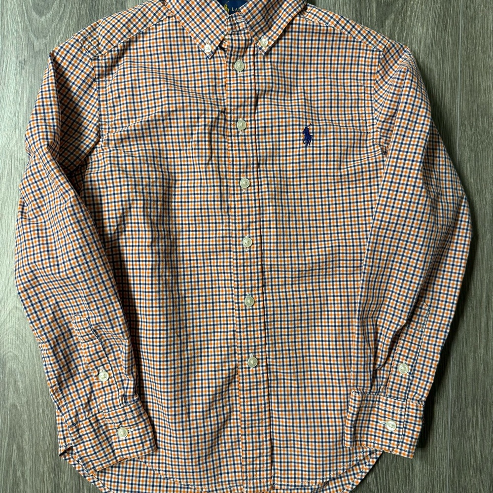 Ralph Lauren Boys S (8) Orange and Blue Checked Oxford Shirt Button Down LS